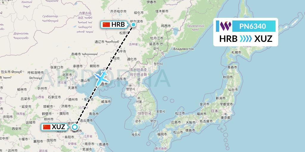 PN6340 China West Air Flight Map: Harbin to Xuzhou