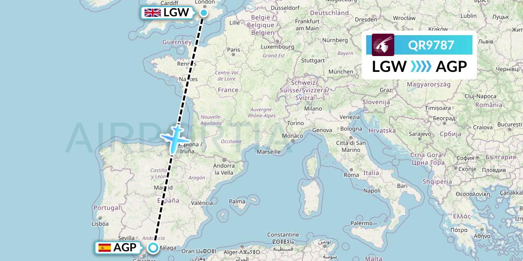 QR9787 Qatar Airways Flight Map: London to Malaga