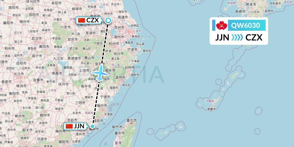 QW6030 Qingdao Airlines Flight Map: Jinjiang to Changzhou