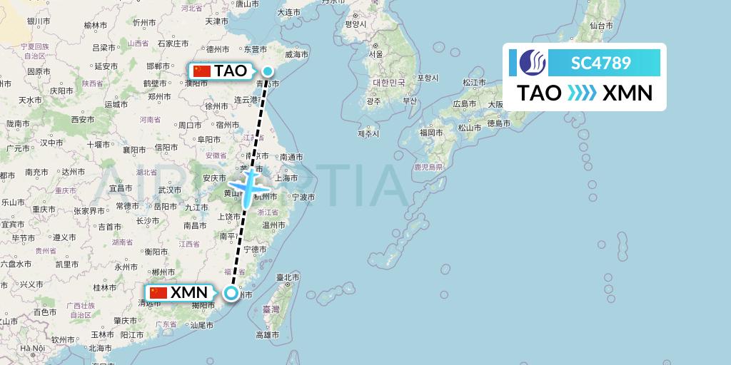 SC4789 Shandong Airlines Flight Map: Qingdao to Xiamen