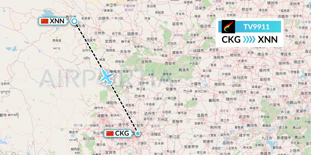 TV9911 Tibet Airlines Flight Map: Chongqing to Xining