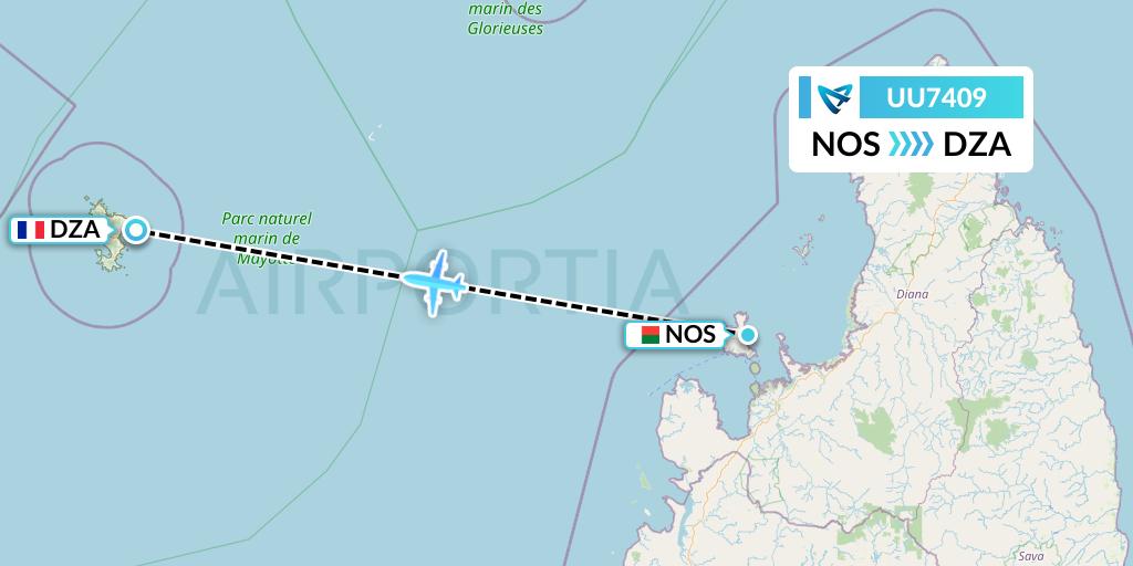 UU7409 Air Austral Flight Map: Nosy Be to Dzaoudzi