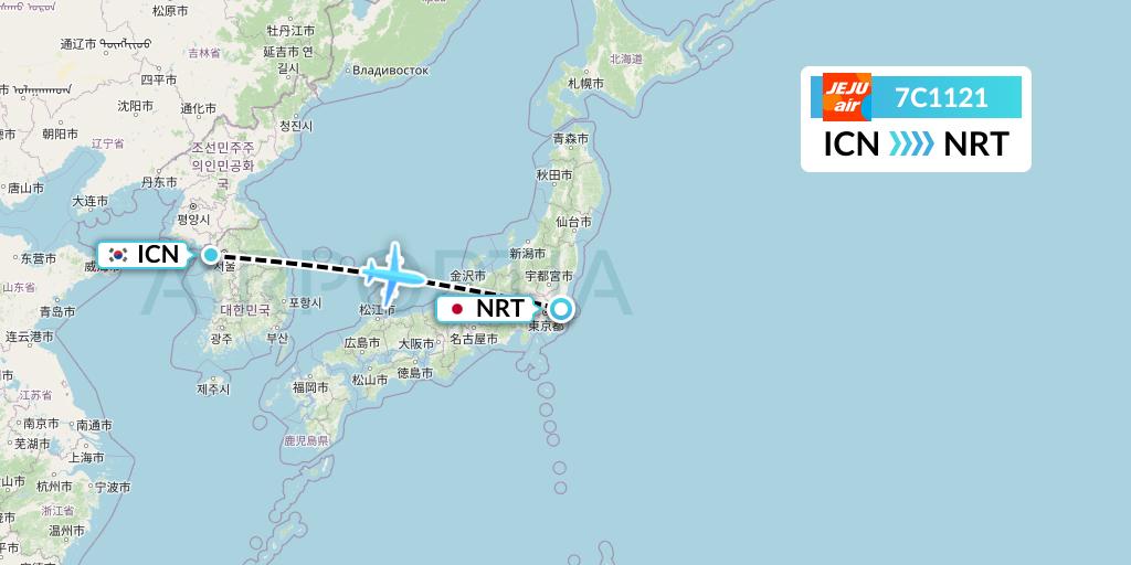 7C1121 Jeju Air Flight Map: Seoul to Tokyo