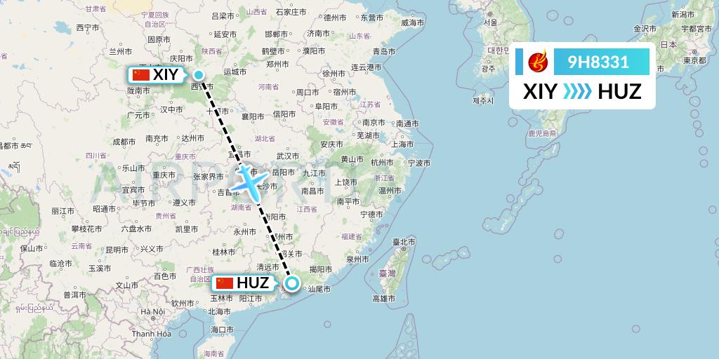 9H8331 Air Changan Flight Map: Xi'an to Huizhou