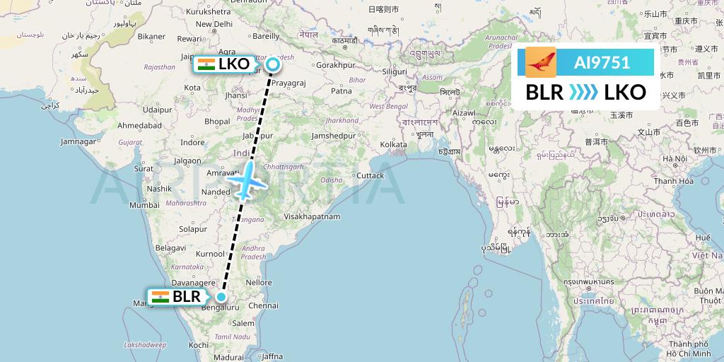AI9751 Air India Flight Map: Bangalore to Lucknow