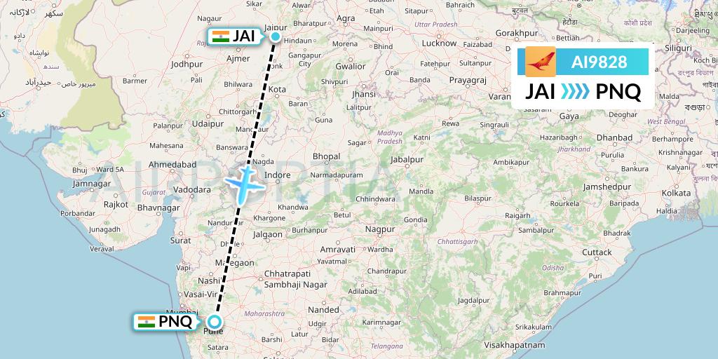 AI9828 Air India Flight Map: Jaipur to Pune
