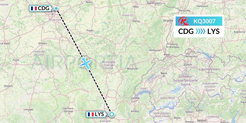 KQ3007 Kenya Airways Flight Map: Paris to Lyon