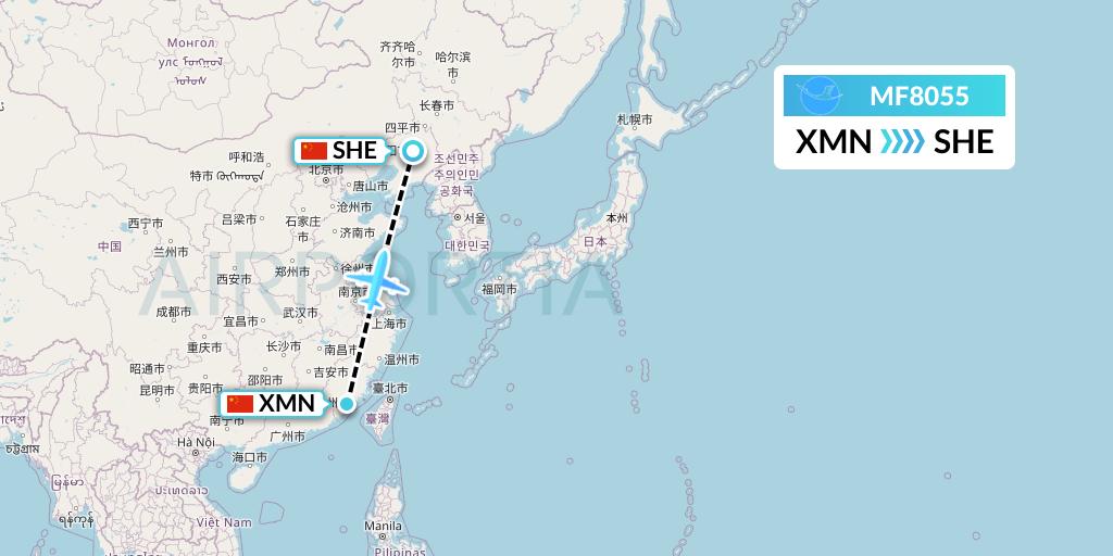 MF8055 Xiamen Airlines Flight Map: Xiamen to Shenyang