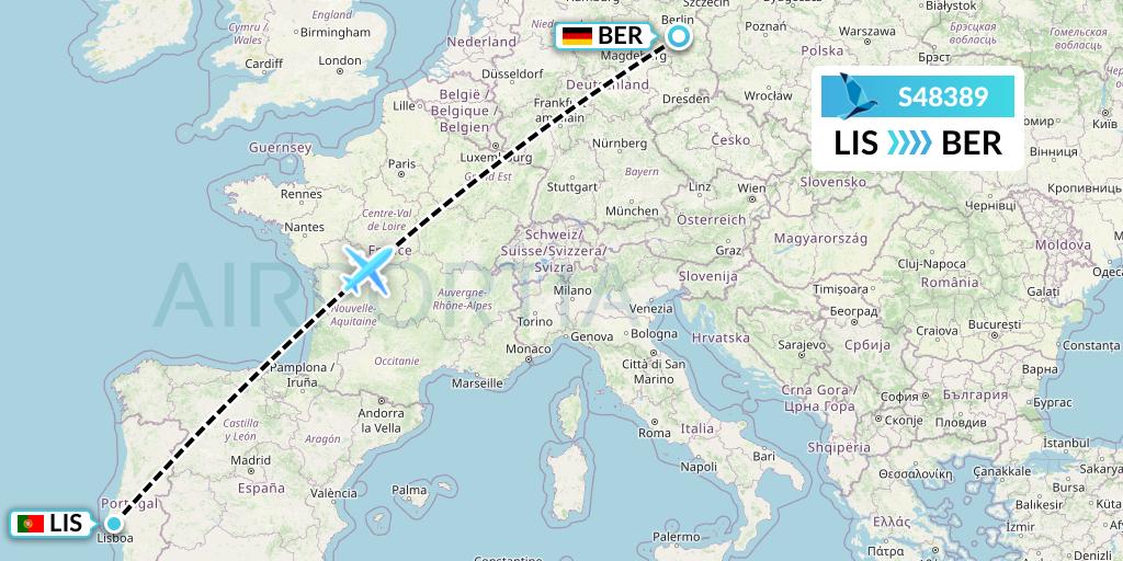 S48389 Azores Airlines Flight Map: Lisbon to Berlin