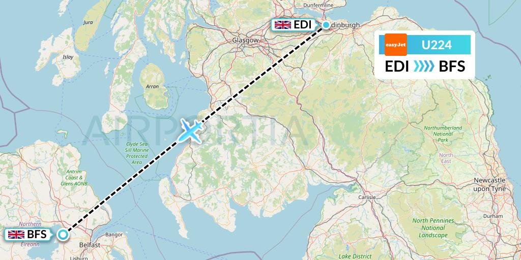 U224 EasyJet Flight Map: Edinburgh to Belfast