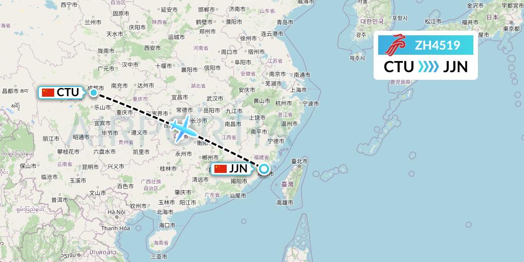 ZH4519 Shenzhen Airlines Flight Map: Chengdu to Jinjiang