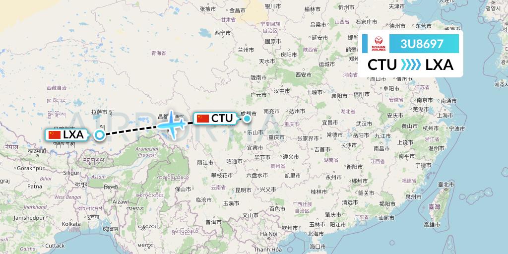 3U8697 Sichuan Airlines Flight Map: Chengdu to Lhasa
