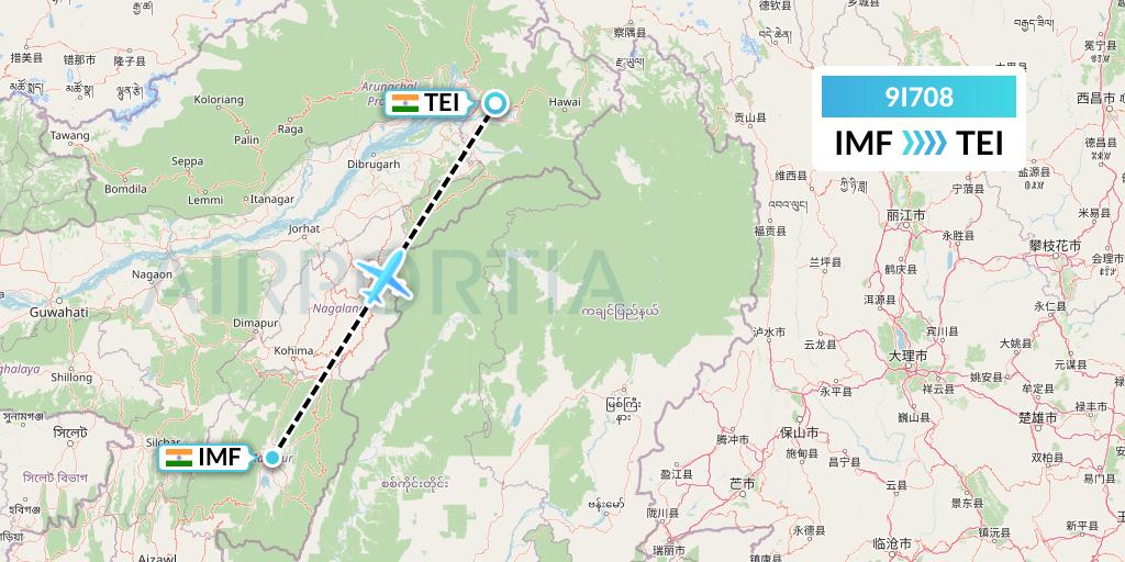 9I708 Air India Regional Flight Map: Imphal to Tezu