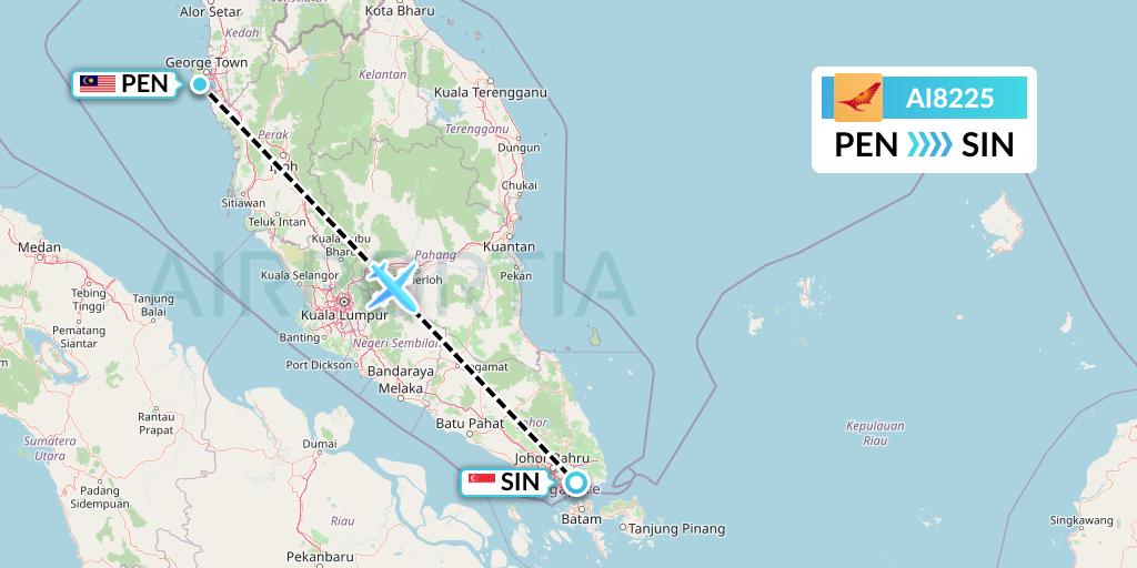 AI8225 Air India Flight Map: Penang to Singapore