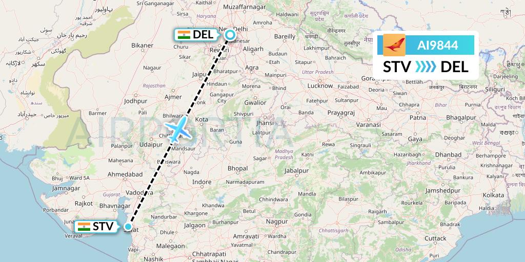 AI9844 Air India Flight Map: Surat to Delhi