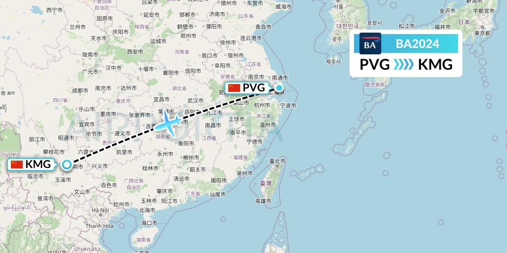BA2024 British Airways Flight Map: Shanghai to Kunming