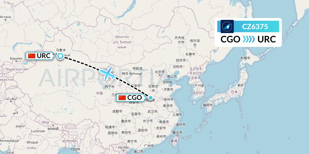 CZ6375 China Southern Airlines Flight Map: Zhengzhou to Urumqi