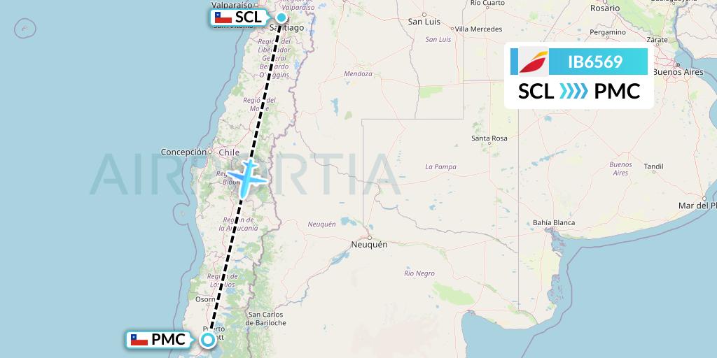 IB6569 Iberia Flight Map: Santiago to Puerto Montt