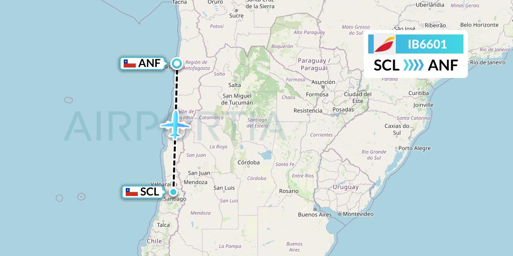 IB6601 Iberia Flight Map: Santiago to Antofagasta