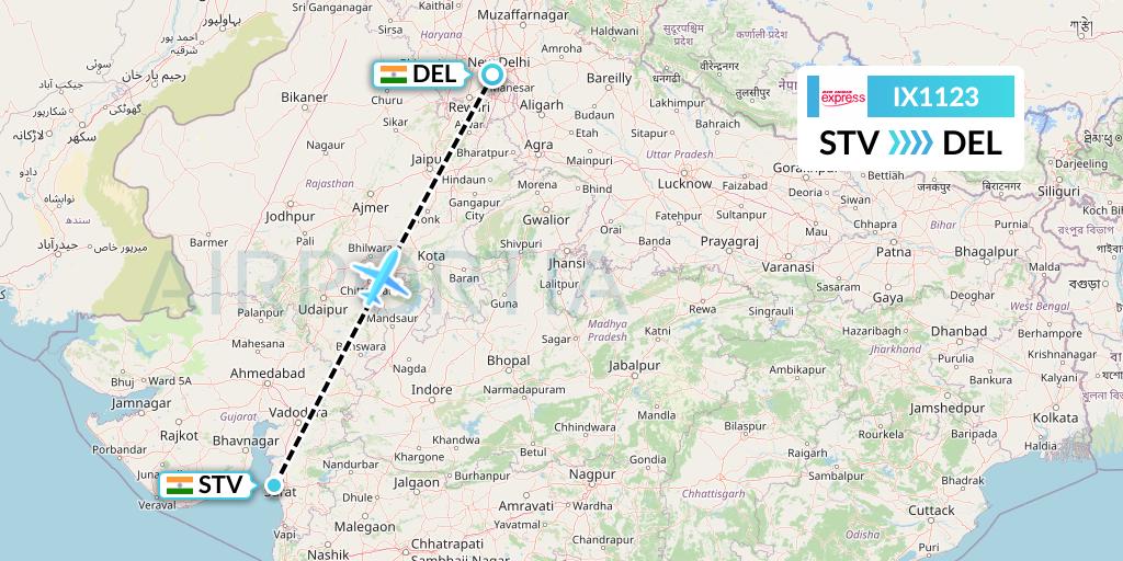 IX1123 Air India Express Flight Map: Surat to Delhi