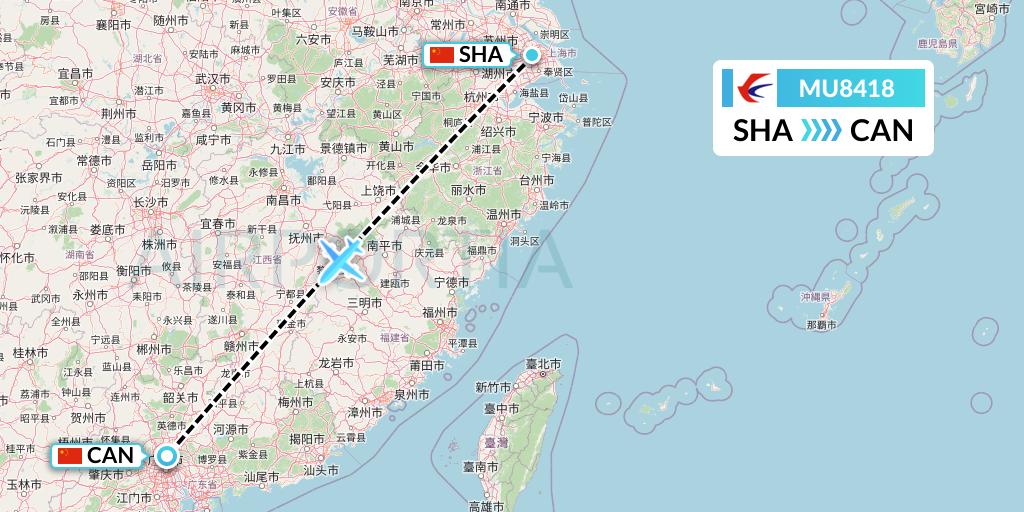 MU8418 China Eastern Airlines Flight Map: Shanghai to Guangzhou