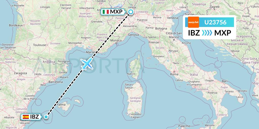 U23756 EasyJet Flight Map: Ibiza to Milan