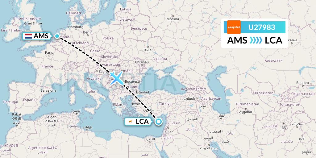 U27983 EasyJet Flight Map: Amsterdam to Larnaca