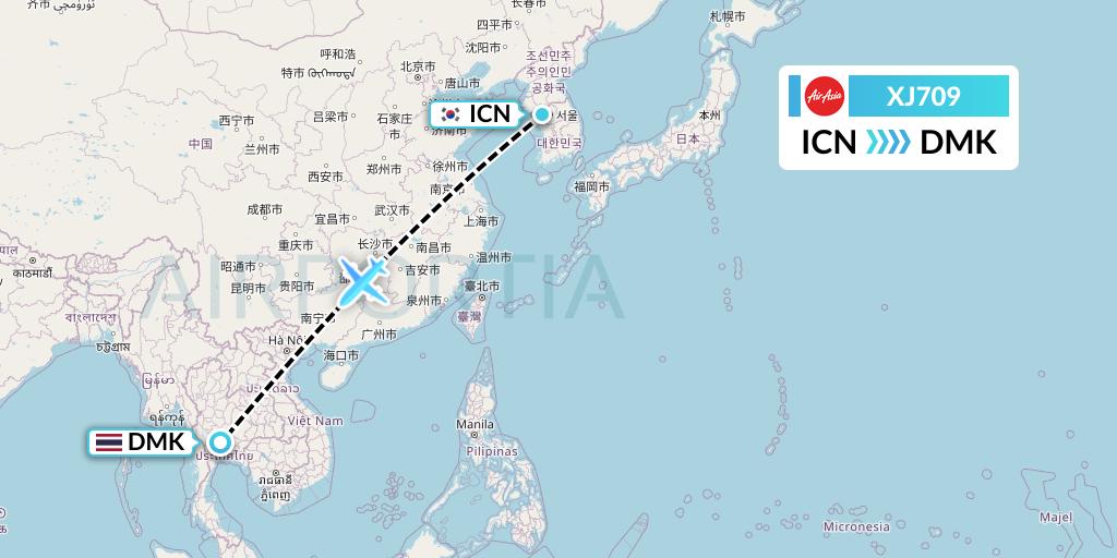 XJ709 Thai AirAsia X Flight Map: Seoul to Bangkok