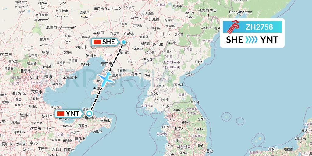 ZH2758 Shenzhen Airlines Flight Map: Shenyang to Yantai