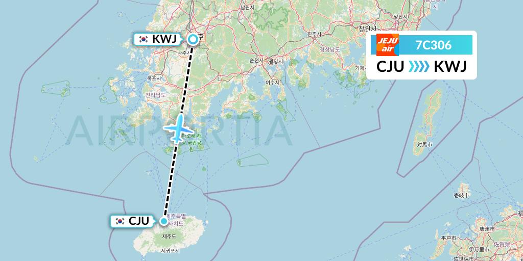 7C306 Jeju Air Flight Map: Jeju to Gwangju