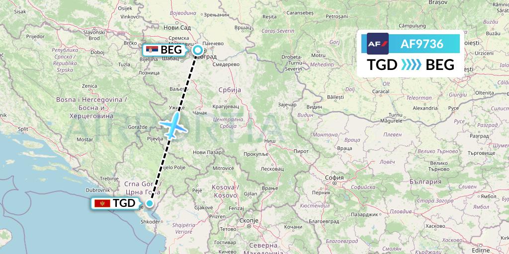 AF9736 Air France Flight Map: Podgorica to Belgrade