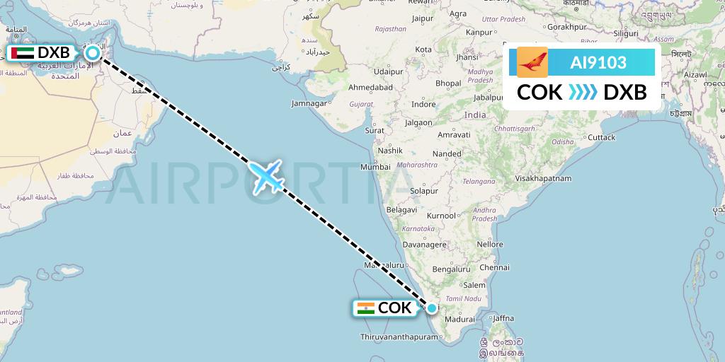 AI9103 Air India Flight Map: Cochin to Dubai