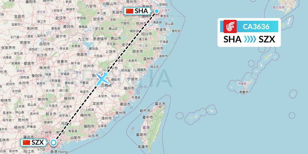 CA3636 Air China Flight Map: Shanghai to Shenzhen