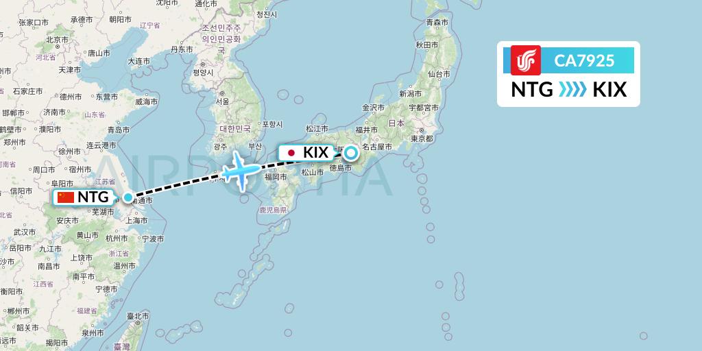 CA7925 Air China Flight Map: Nantong to Osaka