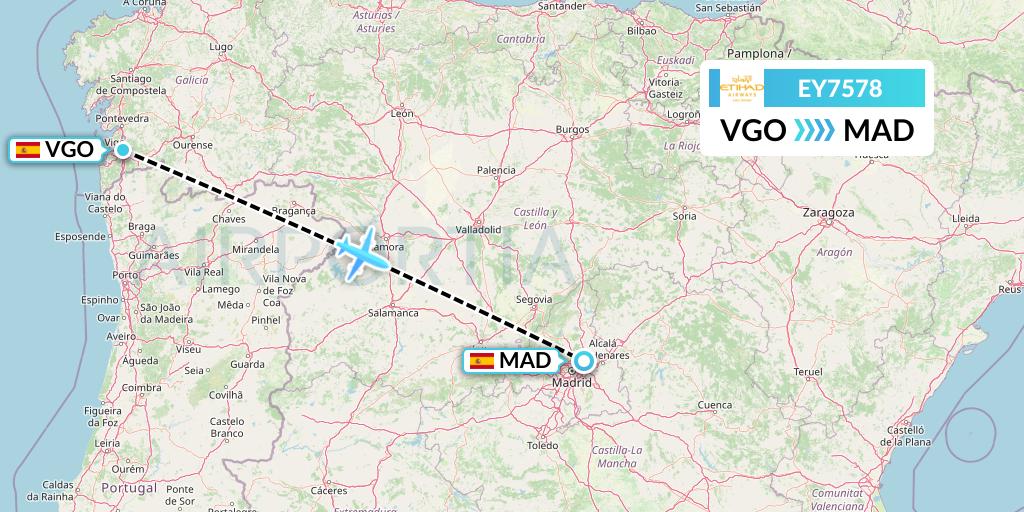 EY7578 Etihad Airways Flight Map: Vigo to Madrid