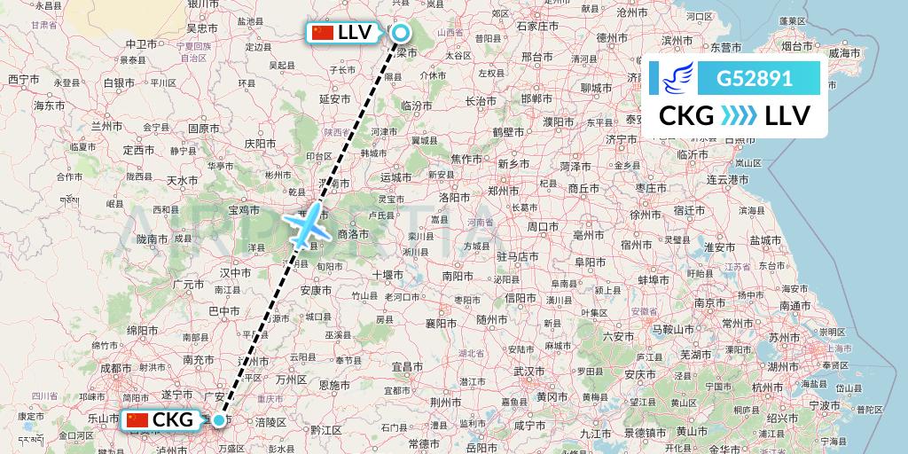 G52891 China Express Airlines Flight Map: Chongqing to Kunming