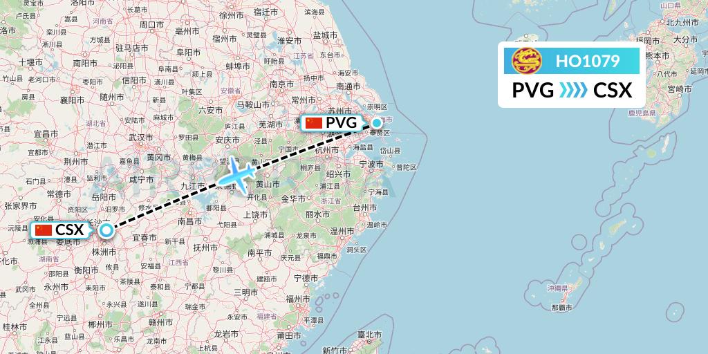 HO1079 Juneyao Airlines Flight Map: Shanghai to Changsha