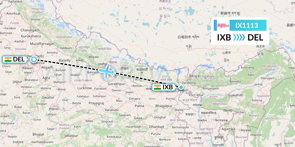 IX1113 Air India Express Flight Map: Siliguri to Delhi
