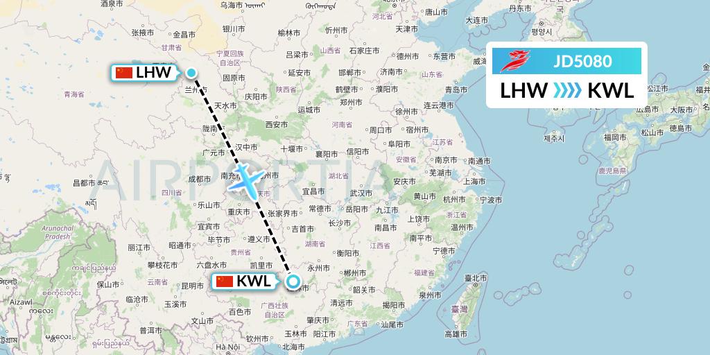 JD5080 Capital Airlines Flight Map: Lanzhou to Guilin