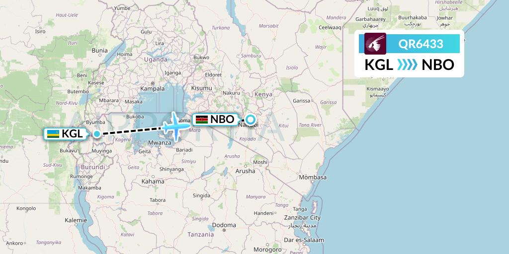 QR6433 Qatar Airways Flight Map: Kigali to Nairobi