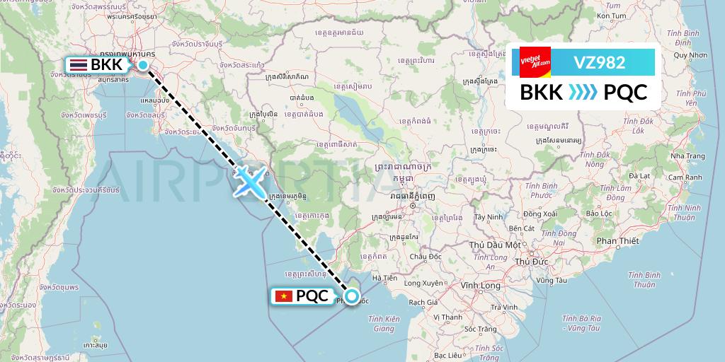 VZ982 Thai Vietjet Air Flight Map: Bangkok to Phu Quoc