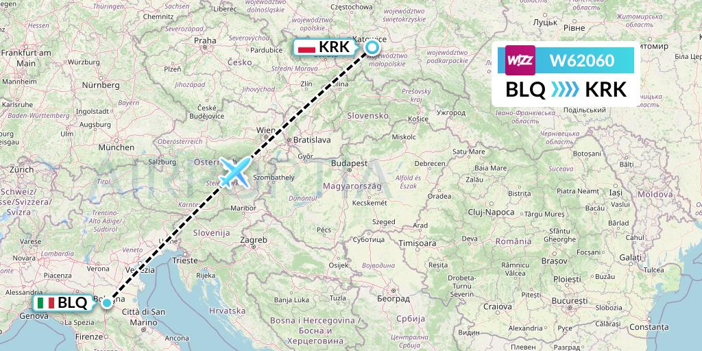 W62060 Wizz Air Flight Map: Bologna to Krakow