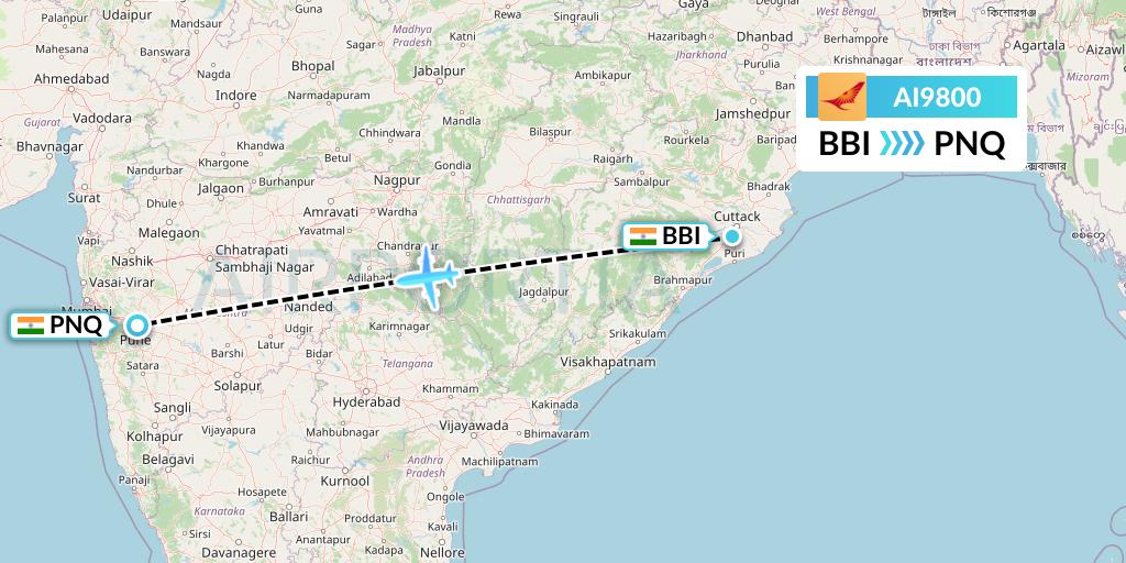 AI9800 Air India Flight Map: Bhubaneswar to Pune