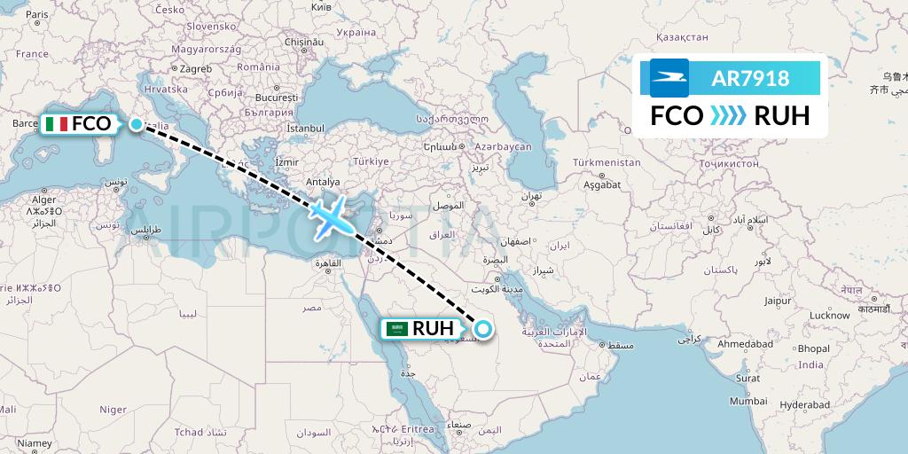AR7918 Aerolineas Argentinas Flight Map: Rome to Riyadh