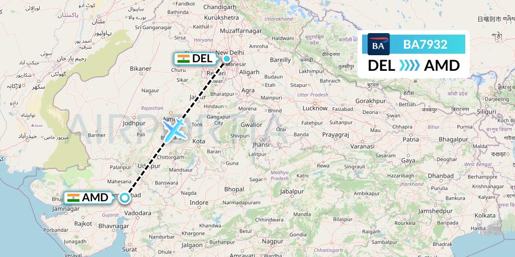 BA7932 British Airways Flight Map: Delhi to Ahmedabad