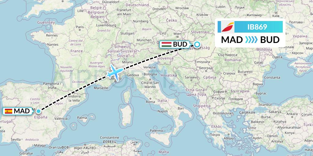IB869 Iberia Flight Map: Madrid to Budapest