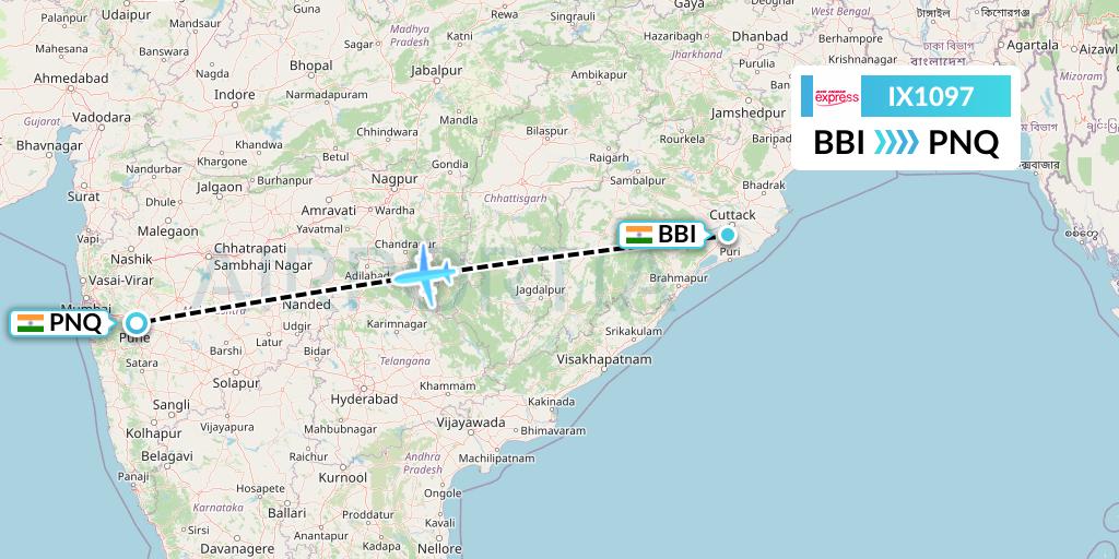 IX1097 Air India Express Flight Map: Bhubaneswar to Pune
