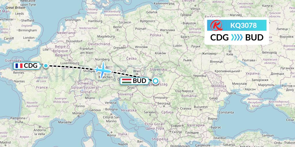 KQ3078 Kenya Airways Flight Map: Paris to Budapest