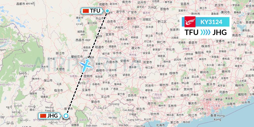 KY3124 Kunming Airlines Flight Map: Chengdu to Jinghong