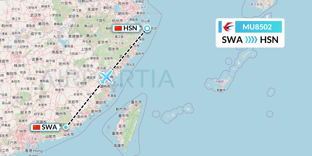 MU8502 China Eastern Airlines Flight Map: Jieyang to Zhoushan